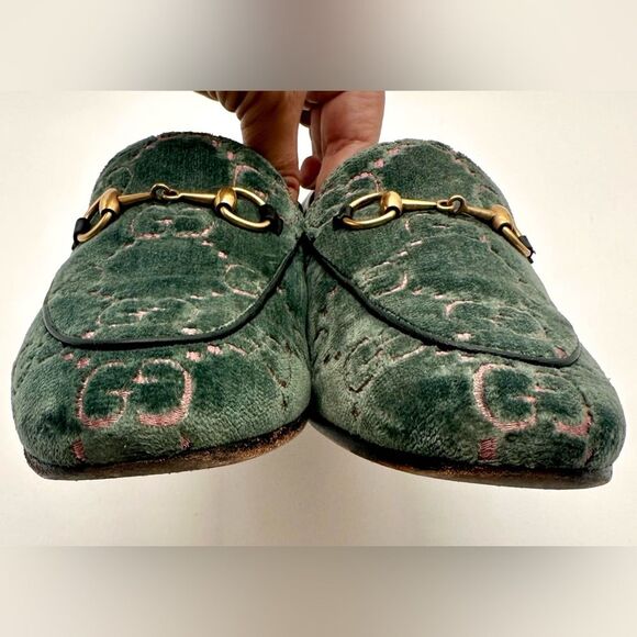 Gucci Jordaan GG Monogram Velvet Loafers Horsebit Flats Green & Pink EU 37 US 7 - Picture 7 of 11